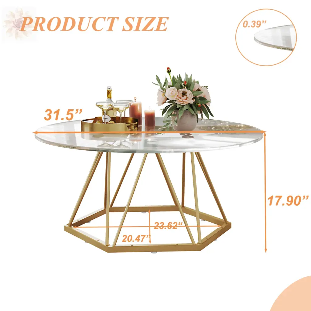 Round Glass Coffee Table with Golden Hexagonal Metal Base_06