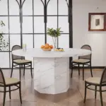 Round Dining Table with Octagon Base, White Faux Marble, 47.0 Inch 03