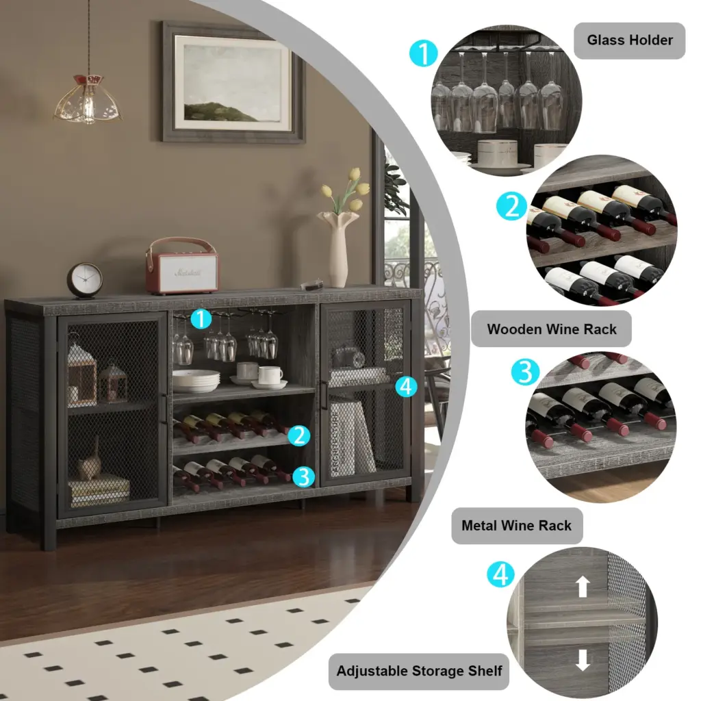 Home Bar Cabinet with Wine Rack, Light Grey Oak_06