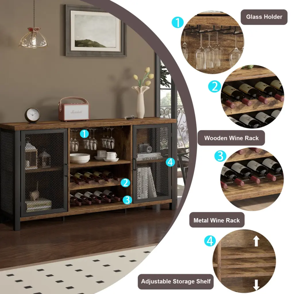 Home Bar Cabinet with Wine Rack, Rustic Brown_07