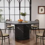 Round Dining Table with Octagon Base, Black Faux Marble, 47.0 Inch 03
