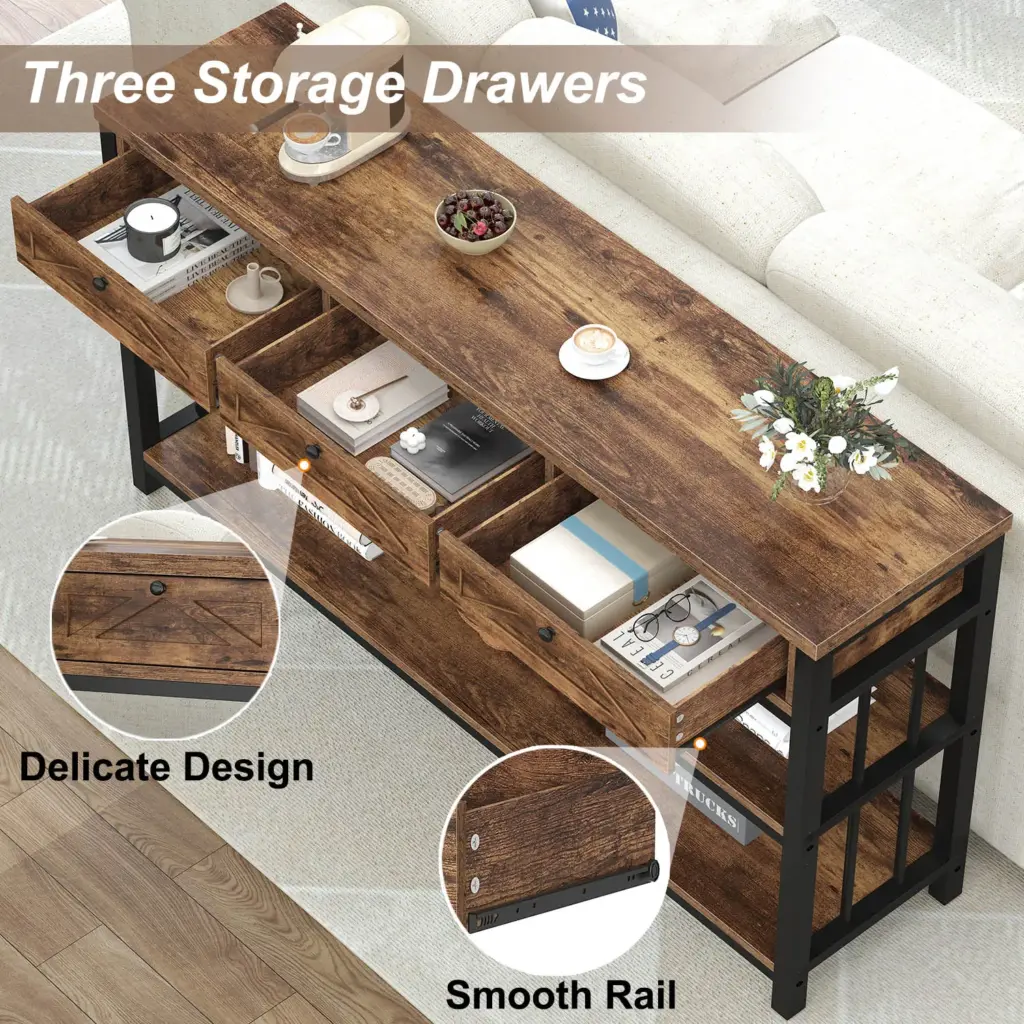 Sofa Table with 3 Drawers, Rustic Brown_06