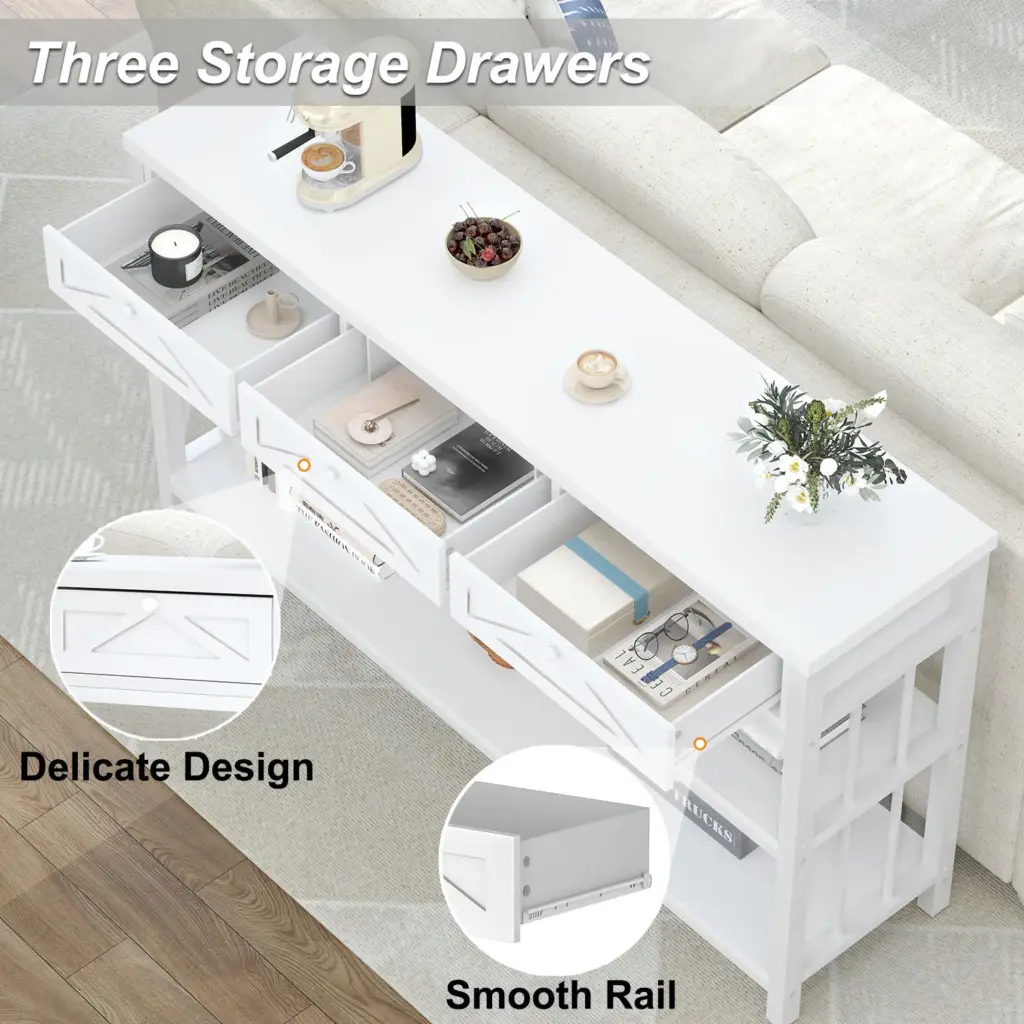 Sofa Table with 3 Drawers, White Oak_06