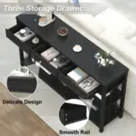 The Sofa Table with 3 Drawers, Black Oak, sits behind a sofa; features three open storage drawers for books and decor, with close-up insets highlighting the drawer design and smooth rail mechanism.