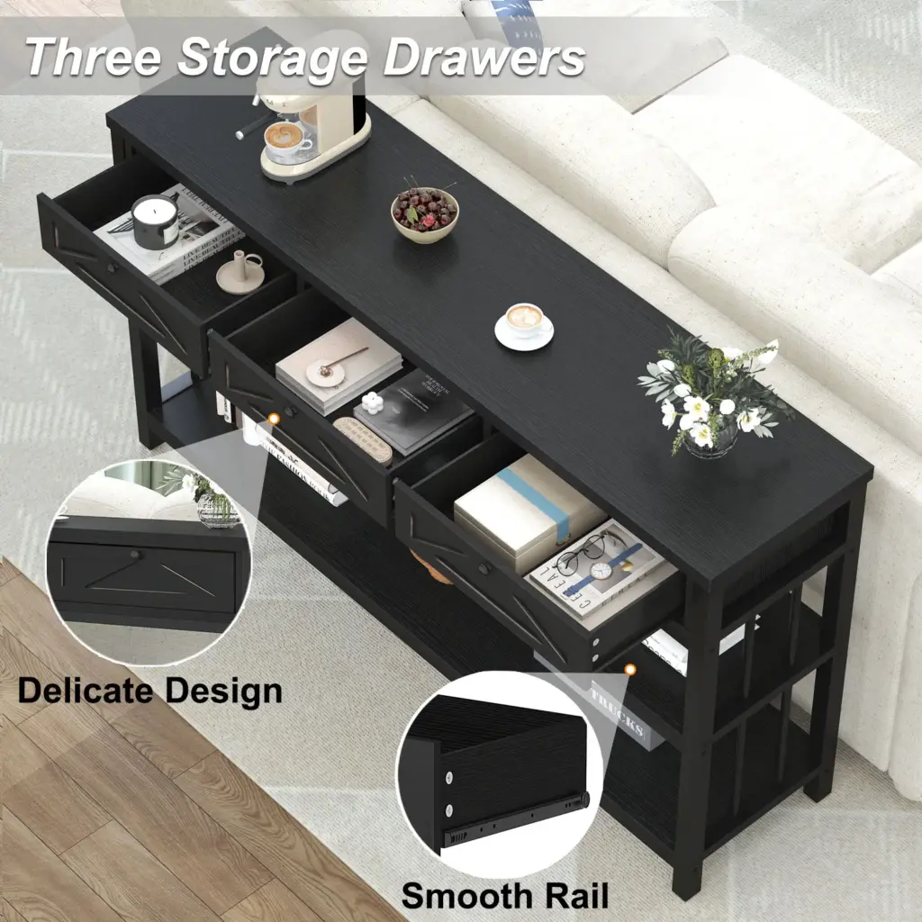 Sofa Table with 3 Drawers, Black Oak_06