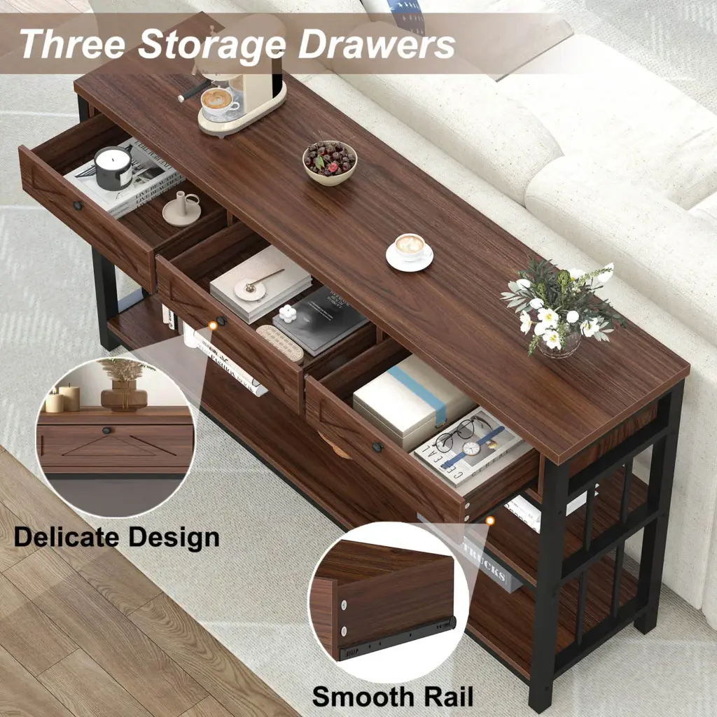 Sofa Table with 3 Drawers, Walnut_05