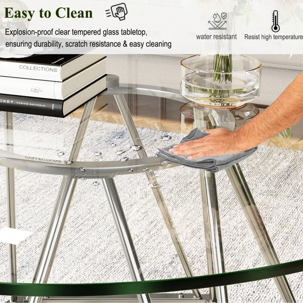 Round Glass Coffee Table with Silver Hexagonal Metal Base_06