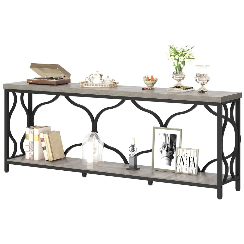 70.9 Inch Sofa Table with Storage shelves, Light Grey Oak_06