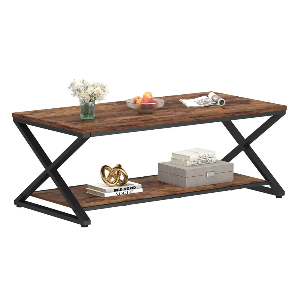 X Shaped Leg Coffee Table with Shelf, Rustic Brown, 47 Inch_07