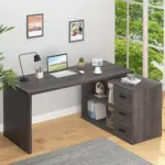 L Shaped 360 Rotating Computer Desk with 3 Drawers, Dark Gray Oak_07