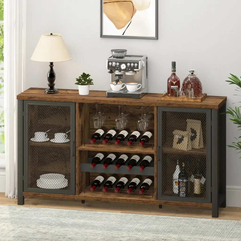 Wine Bar Cabinet for Liquor and Glasses, Rustic Brown_07