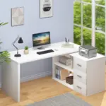 L Shaped 360 Rotating Computer Desk with 3 Drawers, White Oak_07