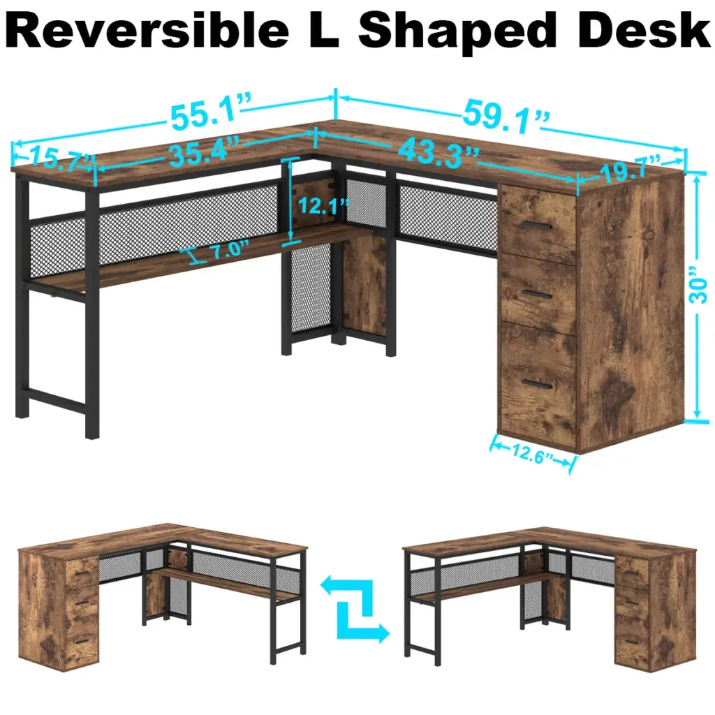 L Shaped Desk with File Cabinets, Rustic Brown_07