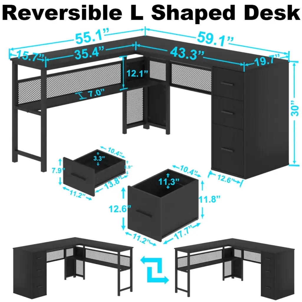 L Shaped Desk with File Cabinets, Black Oak_06
