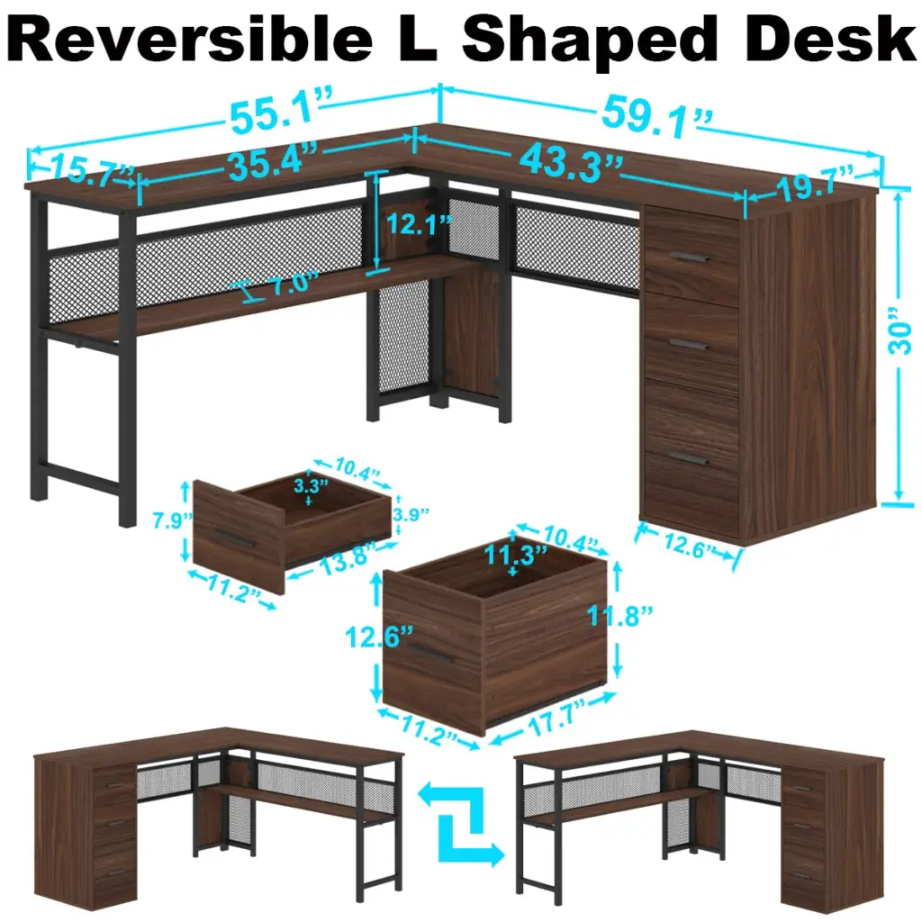 L Shaped Desk with File Cabinets, Walnut_06