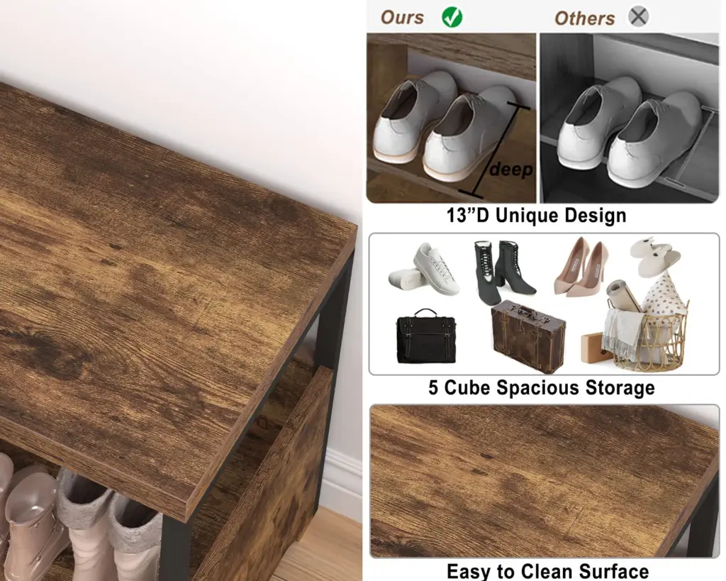 07 Corner Storage Bench with Shelf, Rustic Brown
