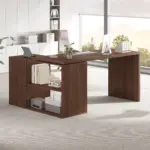 L Shaped 360 Rotating Computer Desk with 3 Drawers, Walnut_07