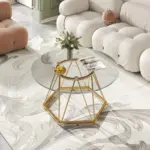 Round Glass Coffee Table with Golden Hexagonal Metal Base_07
