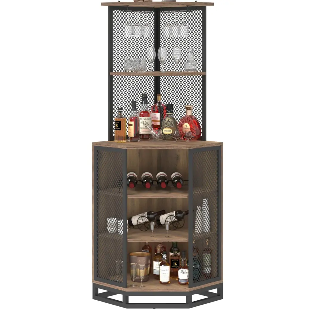 Corner Bar Cabinet with Adjustble Shelf Storage, Rustic Oak_07