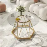Round Glass Coffee Table with Golden Hexagonal Metal Base_08