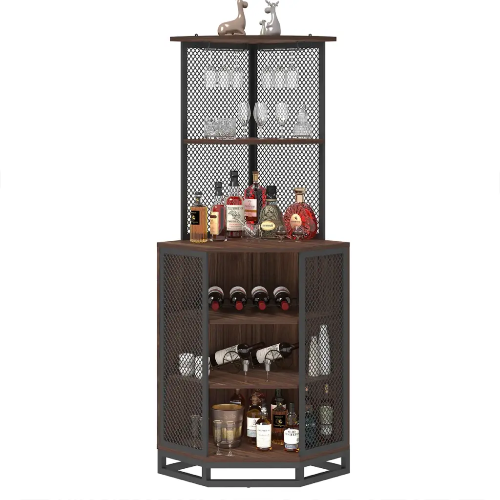 Corner Bar Cabinet with Adjustble Shelf Storage, Walnut_07