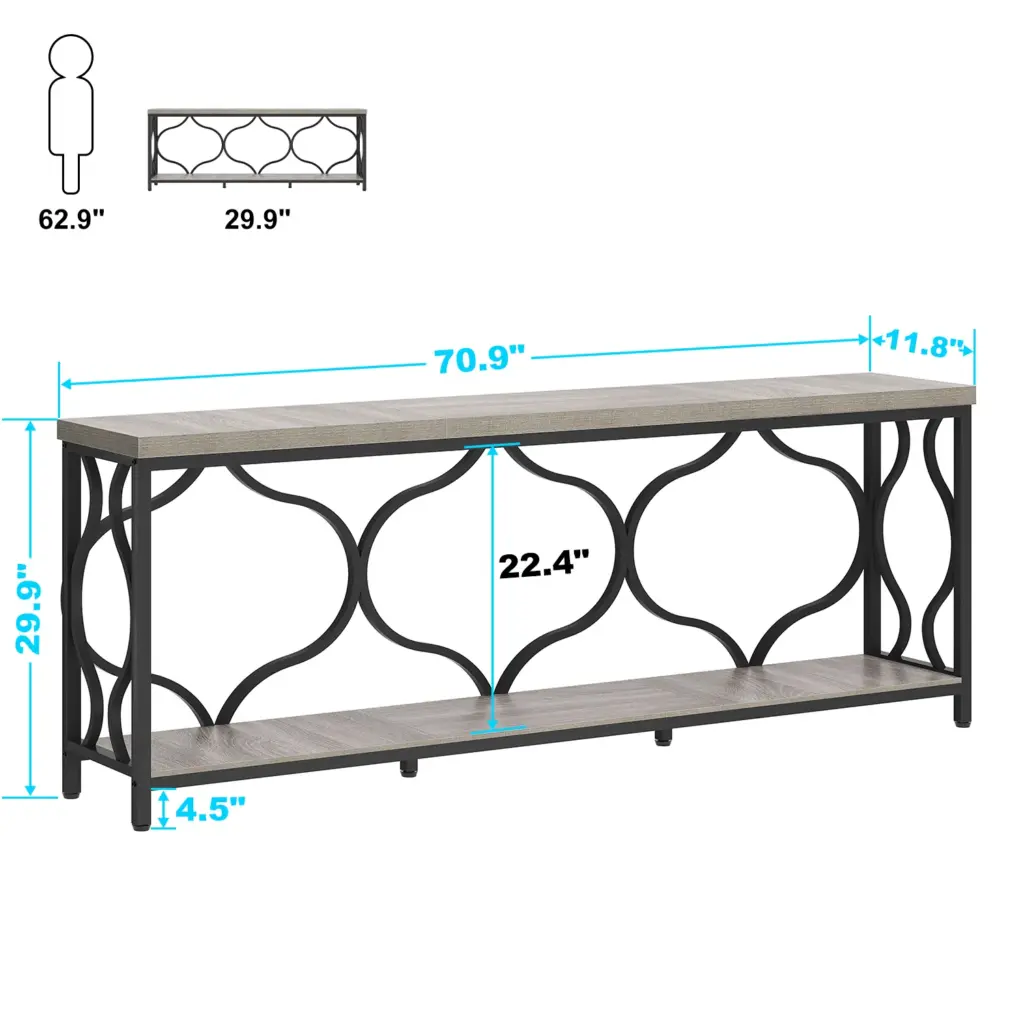 70.9 Inch Sofa Table with Storage shelves, Light Grey Oak_07