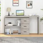 L Shaped 360 Rotating Computer Desk with 3 Drawers, Light Grey Oak_08