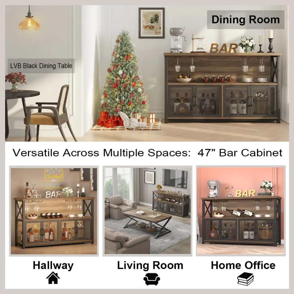 Coffee Bar Cabinet for Liquor and Glasses, Rustic Oak_08