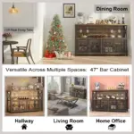 Coffee Bar Cabinet for Liquor and Glasses, Rustic Oak_08