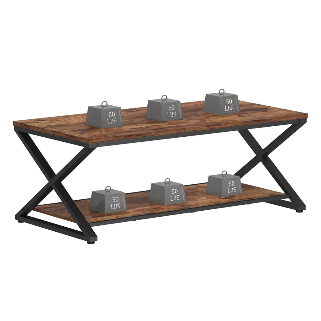 X Shaped Leg Coffee Table with Shelf, Rustic Brown, 47 Inch_08