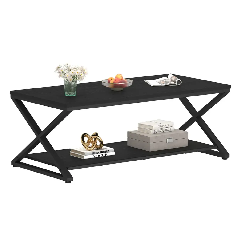 X Shaped Leg Coffee Table with Shelf, Black Oak, 47 Inch_09