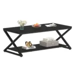 X Shaped Leg Coffee Table with Shelf, Black Oak, 47 Inch_09