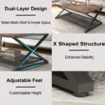 X Shaped Leg 2 Tier Coffee Table, Rustic Brown, 47 Inch_07