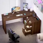 L Shaped 360 Rotating Computer Desk with 3 Drawers, Walnut_08