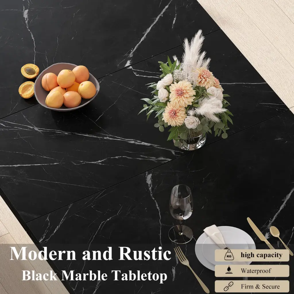 T-Shaped Black Faux Marble Dining Table, 78.74 Inch