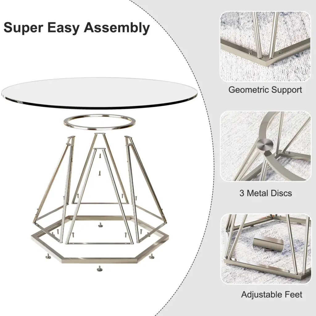 Round Glass Coffee Table with Silver Hexagonal Metal Base_08