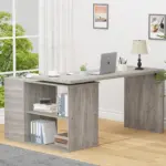 L Shaped 360 Rotating Computer Desk with 3 Drawers, Light Grey Oak_09