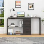 L Shaped 360 Rotating Computer Desk with 3 Drawers, Dark Gray Oak_09
