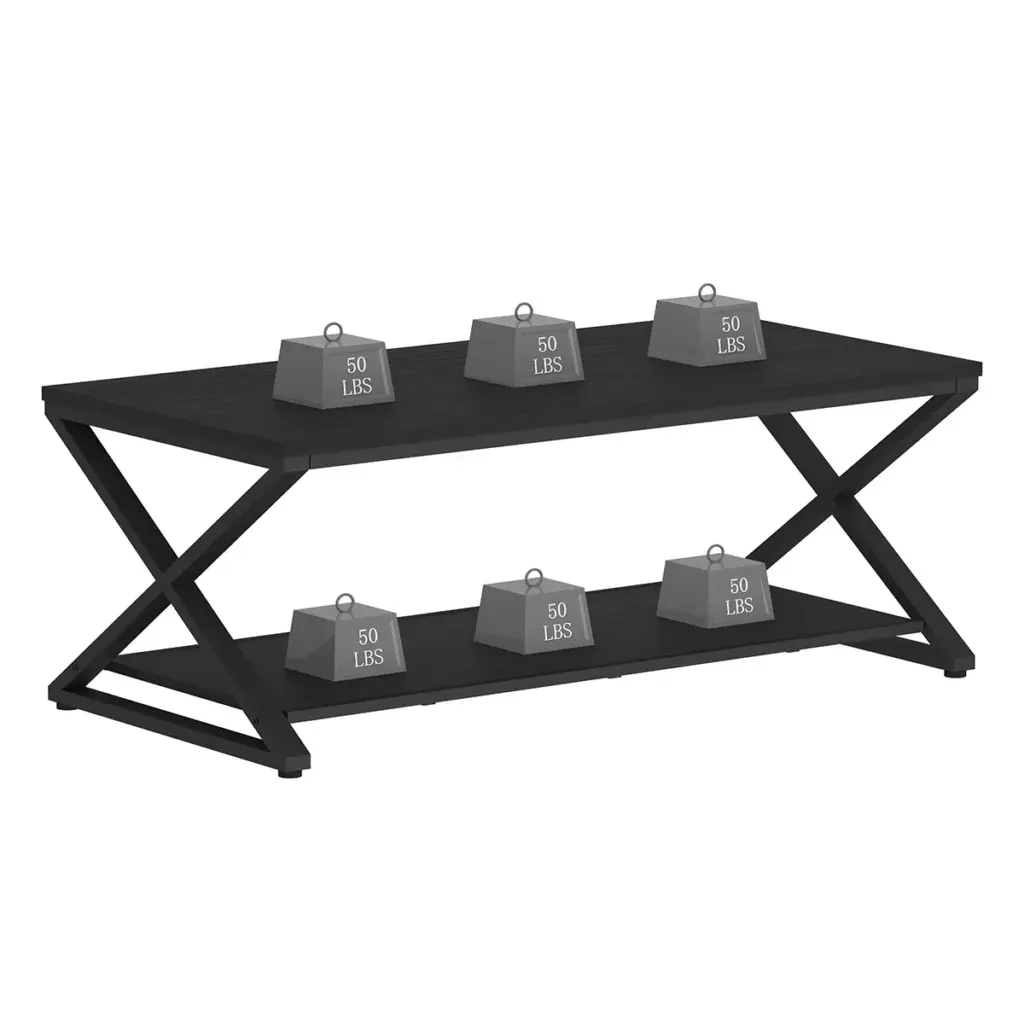 X Shaped Leg Coffee Table with Shelf, Black Oak, 47 Inch_10