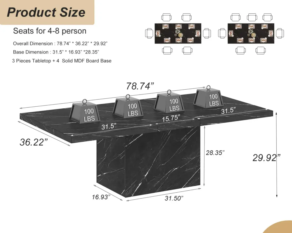 T-Shaped Black Faux Marble Dining Table, 78.74 Inch 100