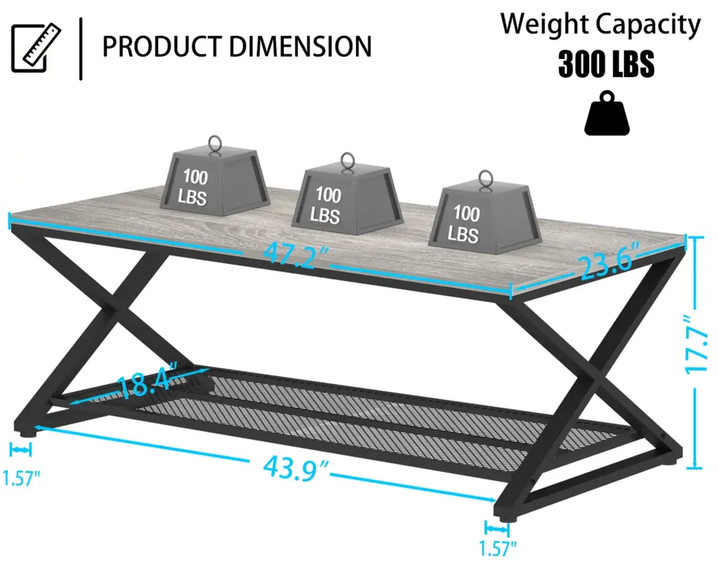 X Shaped Leg 2 Tier Coffee Table, Light Grey Oak, 47 Inch_07