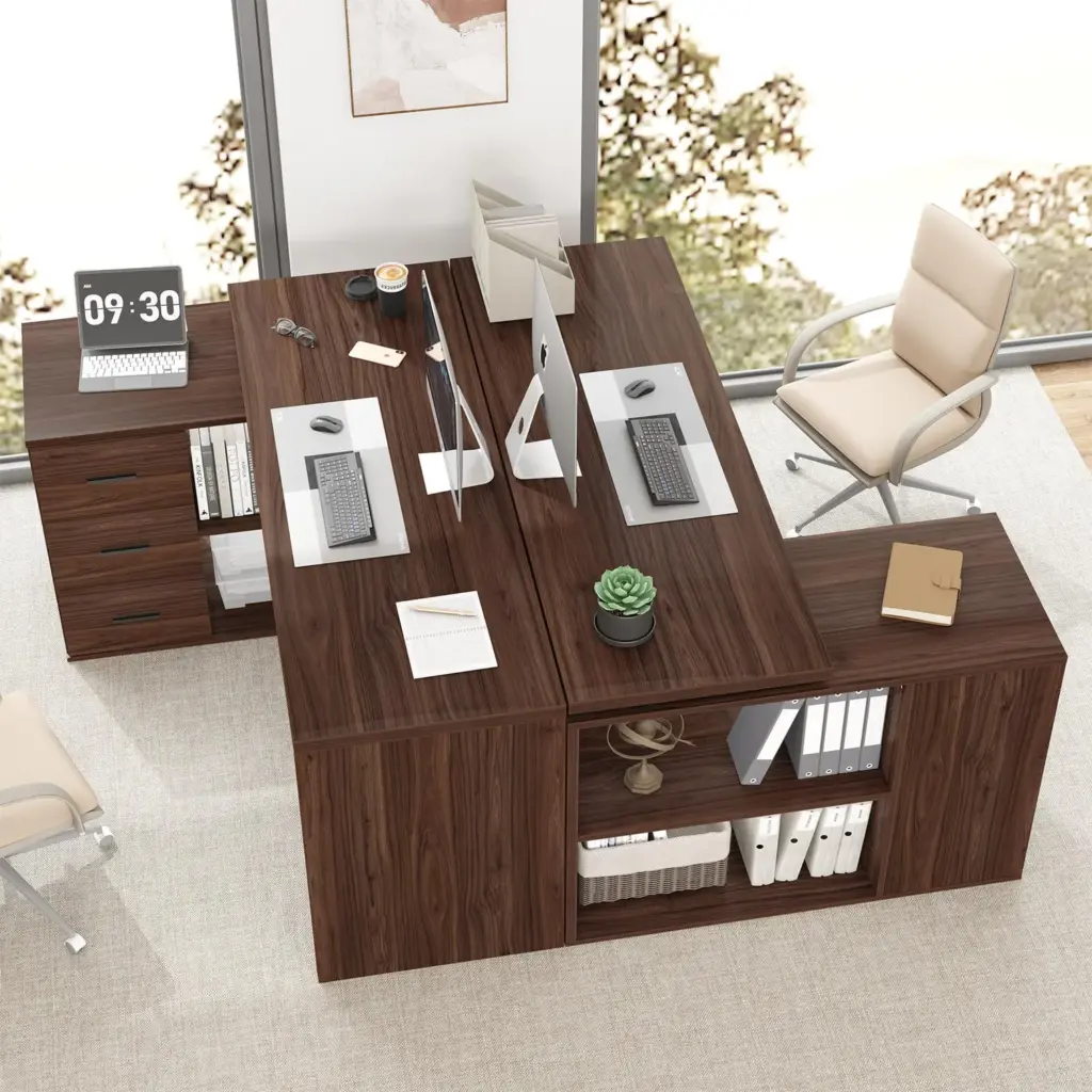 L Shaped 360 Rotating Computer Desk with 3 Drawers, Walnut_09