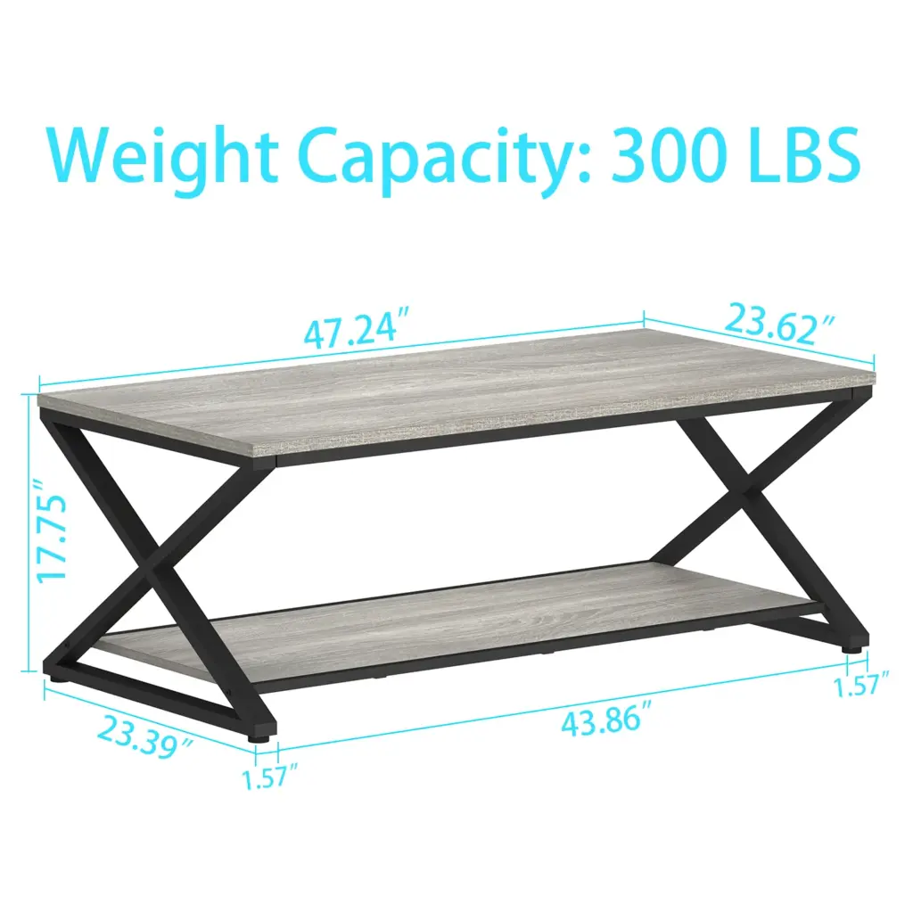 X Shaped Leg Coffee Table with Shelf, Light Grey Oak, 47 Inch_09