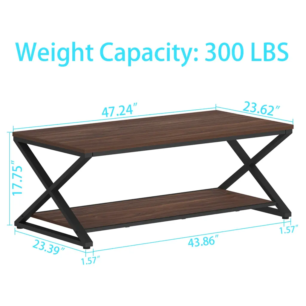 X Shaped Leg Coffee Table with Shelf, Walnut, 47 Inch_09