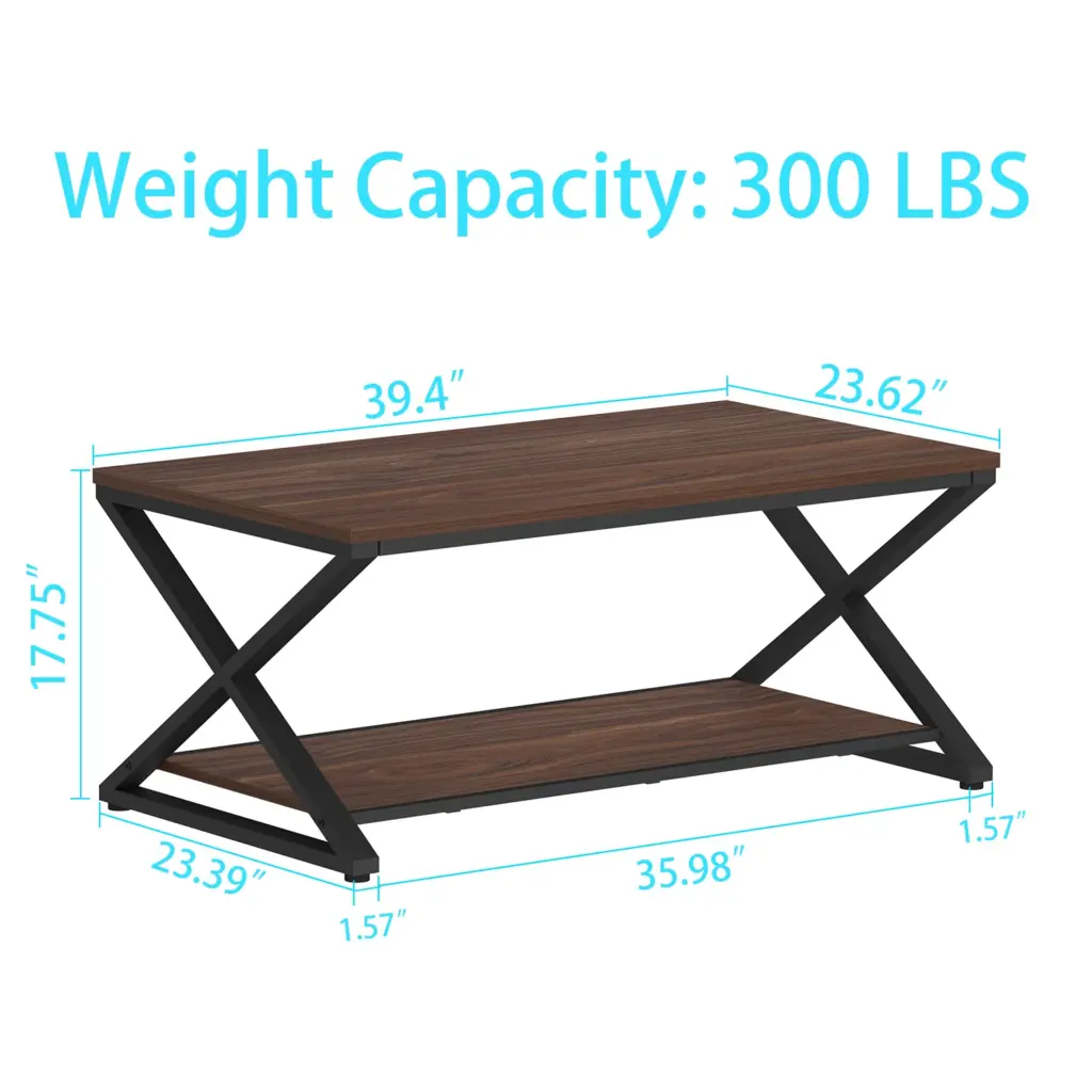 X Shaped Leg Coffee Table with Shelf, Walnut, 39 Inch_09