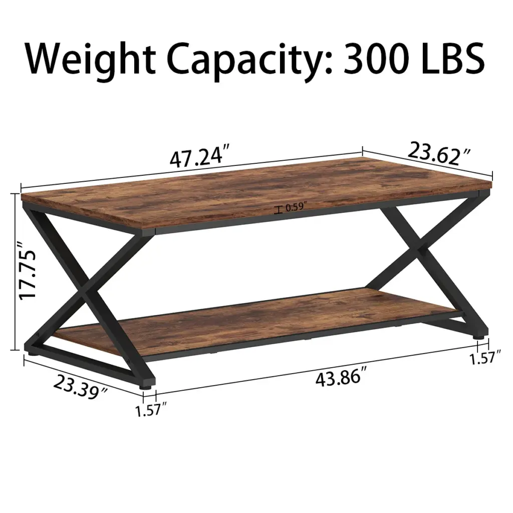 X Shaped Leg Coffee Table with Shelf, Rustic Brown, 47 Inch_09