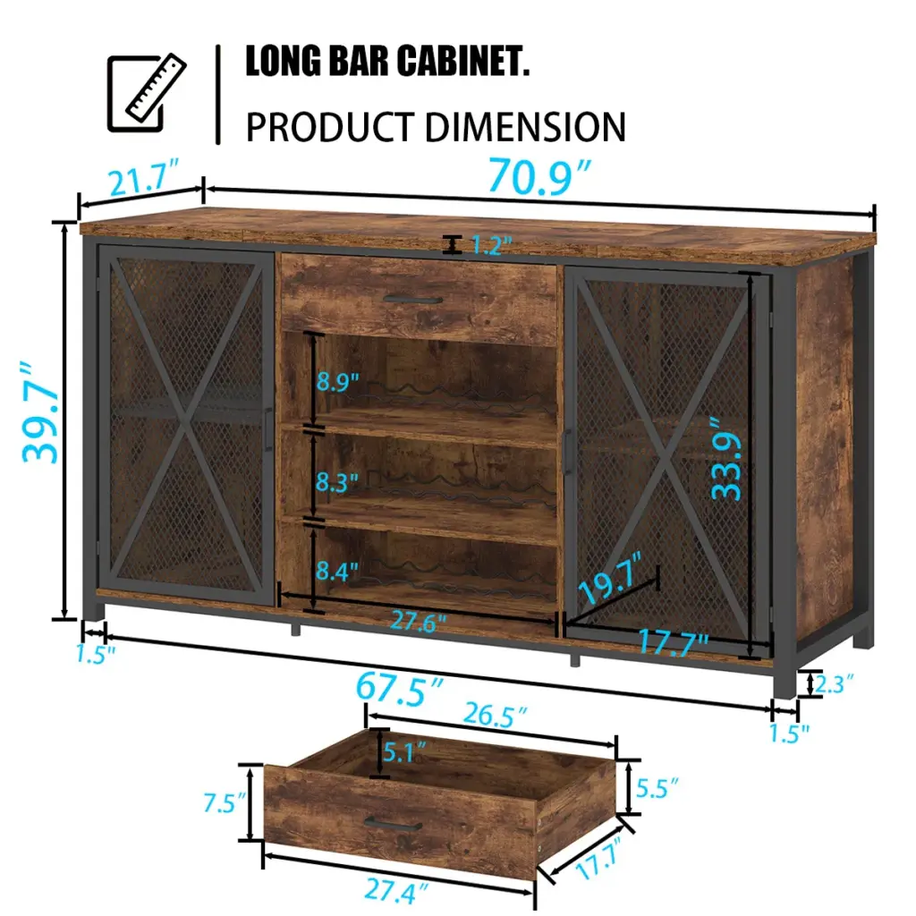 70.86” Wine Cabinet with Fridge Space, Rustic Brown_05