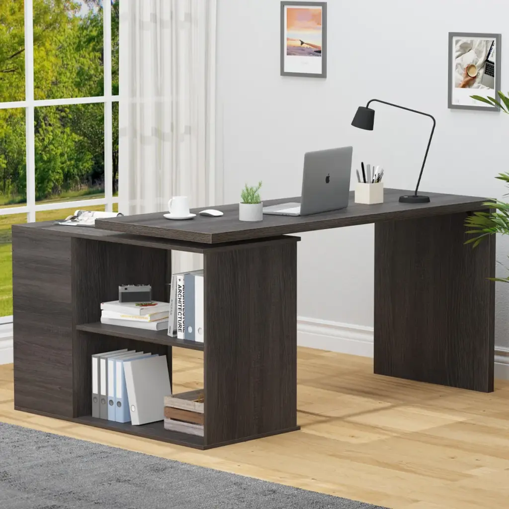 L Shaped 360 Rotating Computer Desk with 3 Drawers, Dark Gray Oak_10