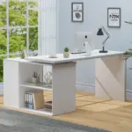 L Shaped 360 Rotating Computer Desk with 3 Drawers, White Oak_10