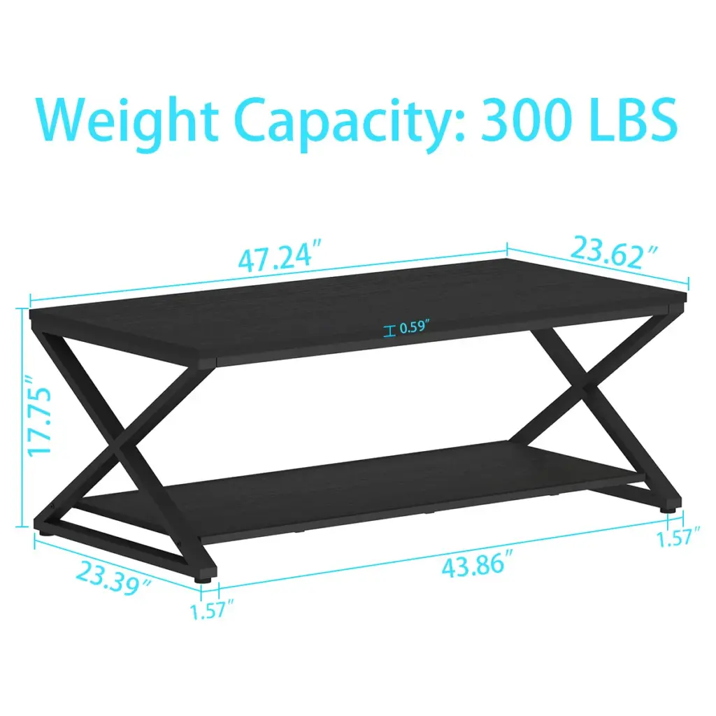 X Shaped Leg Coffee Table with Shelf, Black Oak, 47 Inch_11